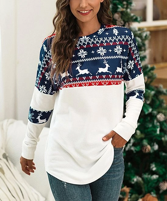 Cheap 🔥 Romantichut Navy Reindeer Fair Isle Contrast Long-Sleeve Tee - 👩 Women 🥰 7 Cheap 🔥 Romantichut Navy Reindeer Fair Isle Contrast Long-Sleeve Tee - 👩 Women 🥰 - Image 5