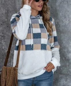 Best Sale 🔔 Romantichut White & Blue Check-Contrast Hoodie - 👩 Women ✨ -Romantichut Sales zu90375435 alt 3 tm1603817963