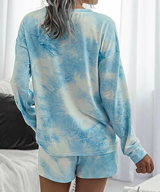 Budget 😍 Romantichut Blue Tie-Dye Long-Sleeve Top & Shorts - 👩 Women 💯 4 Budget 😍 Romantichut Blue Tie-Dye Long-Sleeve Top & Shorts - 👩 Women 💯 - Image 2