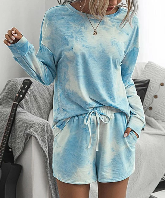 Budget 😍 Romantichut Blue Tie-Dye Long-Sleeve Top & Shorts - 👩 Women 💯 7 Budget 😍 Romantichut Blue Tie-Dye Long-Sleeve Top & Shorts - 👩 Women 💯 - Image 5