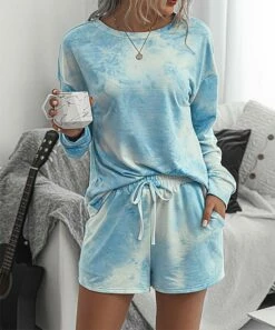 Budget 😍 Romantichut Blue Tie-Dye Long-Sleeve Top & Shorts - 👩 Women 💯
