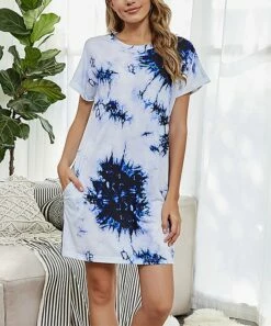 Discount ✔️ Romantichut Blue & White Tye-Dye Pocket T-Shirt 👗 Dress - 👩 Women ⌛