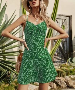 Budget 🎉 Romantichut Green Floral Tie-Accent Fit & Flare 👗 Dress - 👩 Women 🎁 -Romantichut Sales zu95177418 alt 3 tm1618927046