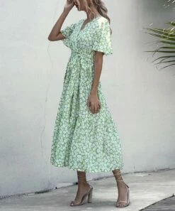 Hot Sale ❤️ Romantichut Green & White Floral Tie-Accent Tiered Maxi 👗 Dress - 👩 Women 🥰 -Romantichut Sales zu95302879 alt 3 tm1619447240