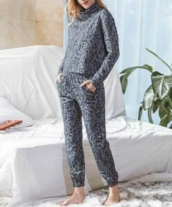Cheap ⌛ Romantichut Gray Leopard Cowl-Neck Long-Sleeve Top & Joggers - 👩 Women 👏