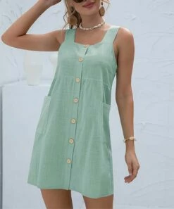 Best Pirce ✔️ Romantichut Light Green Button-Up Square-Neck Sleeveless 👗 Dress - 👩 Women 🔔