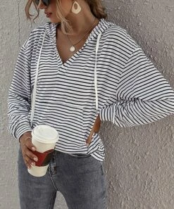 Top 10 😍 Romantichut Black & White Stripe V-Neck Hoodie - 👩 Women 😍