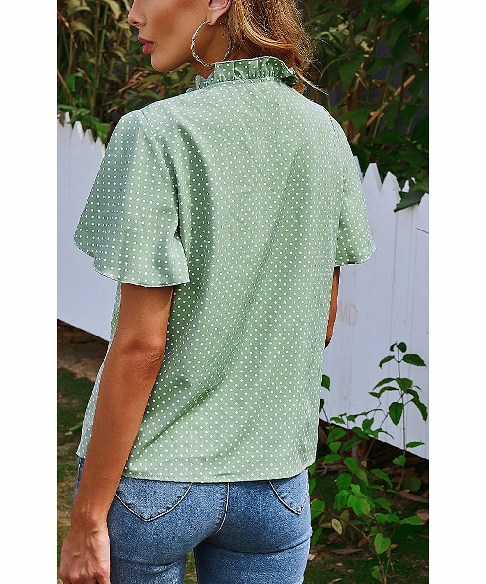 Discount โค๏ธ Romantichut Green Polka Dot Ruffle-Accent Tie-Neck Flutter-Sleeve Top - ๐ฉ Women โ 4 Discount โค๏ธ Romantichut Green Polka Dot Ruffle-Accent Tie-Neck Flutter-Sleeve Top - ๐ฉ Women โ - Image 2