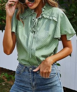 Discount ❤️ Romantichut Green Polka Dot Ruffle-Accent Tie-Neck Flutter-Sleeve Top - 👩 Women ⌛