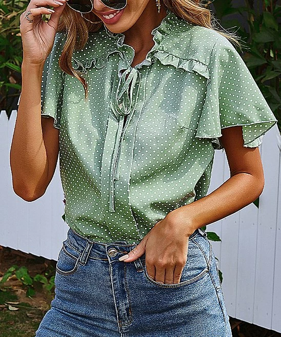 Discount โค๏ธ Romantichut Green Polka Dot Ruffle-Accent Tie-Neck Flutter-Sleeve Top - ๐ฉ Women โ 3 Discount โค๏ธ Romantichut Green Polka Dot Ruffle-Accent Tie-Neck Flutter-Sleeve Top - ๐ฉ Women โ