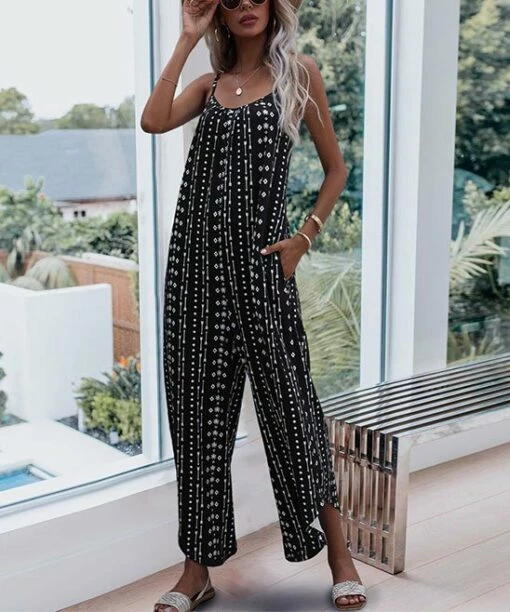 Budget 🧨 Romantichut Black Geometric Sleeveless Jumpsuit - 👩 Women ✨ -Romantichut Sales zu97138863 main tm1624646089