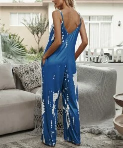 Best Pirce ✔️ Romantichut Blue & White Abstract Pocket Sleeveless Wide-Leg Jumpsuit - 👩 Women 🛒 -Romantichut Sales zu97646160 alt 2 tm1626188993