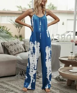 Best Pirce ✔️ Romantichut Blue & White Abstract Pocket Sleeveless Wide-Leg Jumpsuit - 👩 Women 🛒