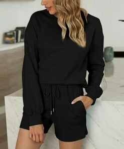 Best Pirce ⌛ Romantichut Black Crewneck Sweatshirt & Pocket Drawstring Shorts - 👩 Women 💯