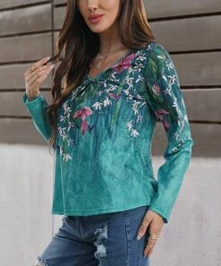Best reviews of ✨ Romantichut Teal & Aqua Ombré Floral-Accent V-Neck Long-Sleeve Tee - 👩 Women ✨