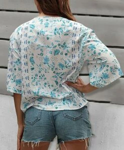 Hot Sale ✨ Romantichut Blue & White Floral Tie-Accent Bell-Sleeve V-Neck Top - 👩 Women 🔥 -Romantichut Sales zu97950127 alt 2 tm1626906060