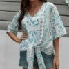 Hot Sale ✨ Romantichut Blue & White Floral Tie-Accent Bell-Sleeve V-Neck Top - 👩 Women 🔥 -Romantichut Sales zu97950127 main tm1626906060
