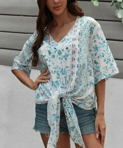 Hot Sale ✨ Romantichut Blue & White Floral Tie-Accent Bell-Sleeve V-Neck Top - 👩 Women 🔥