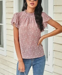 Coupon 🛒 Romantichut Light Pink & White Floral Ruffle-Neck Flutter-Sleeve Top - 👩 Women ⌛
