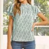 Deals 👏 Romantichut Light Green Floral Keyhole-Accent Mock Neck Flutter-Sleeve Top - 👩 Women ✨ -Romantichut Sales zu98104928 main tm1627650367