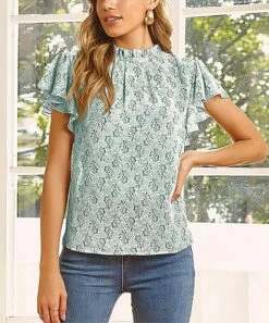 Deals 👏 Romantichut Light Green Floral Keyhole-Accent Mock Neck Flutter-Sleeve Top - 👩 Women ✨