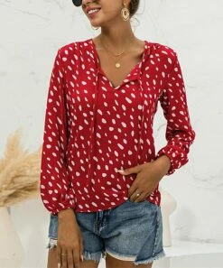 Buy ๐ Romantichut Red Spotted Bishop-Sleeve Tied V-Neck Top - ๐ฉ Women ๐