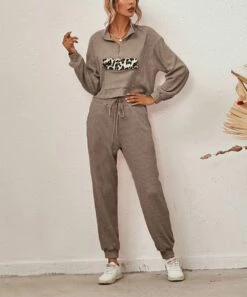 Wholesale 😍 Romantichut Coffee Leopard Pocket Rib Knit Pullover & Joggers - 👩 Women 🧨