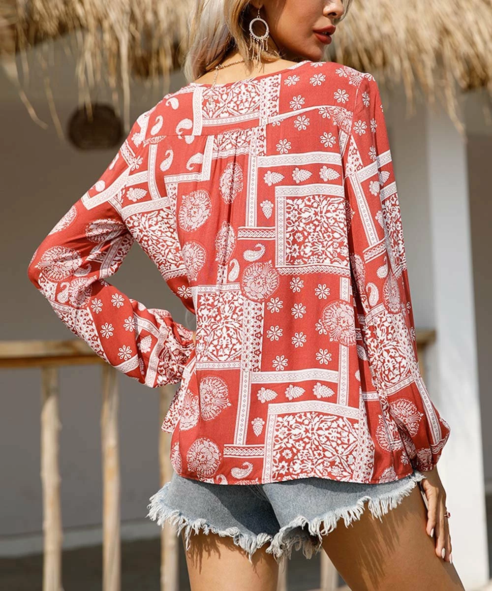Wholesale ⌛ Romantichut Red Geometric Puff-Sleeve Button-Up - 👩 Women 🛒 4 Wholesale ⌛ Romantichut Red Geometric Puff-Sleeve Button-Up - 👩 Women 🛒 - Image 2