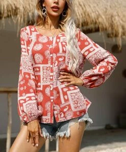 Wholesale ⌛ Romantichut Red Geometric Puff-Sleeve Button-Up - 👩 Women 🛒