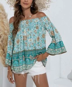 Flash Sale ⭐ Romantichut Green Floral Off-Shoulder Peasant Top - 👩 Women 🤩