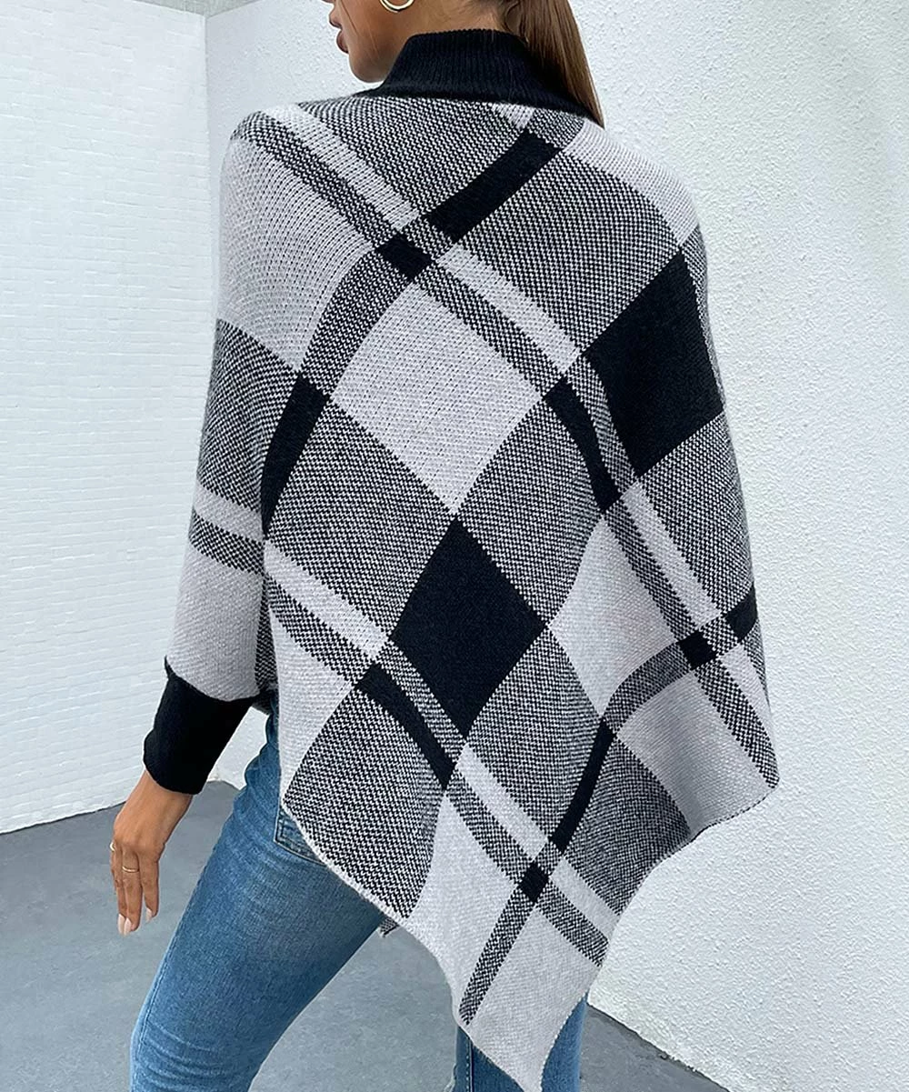 Coupon 🤩 Romantichut Black Plaid Long-Sleeve Turtleneck Poncho - 👩 Women ✔️ 4 Coupon 🤩 Romantichut Black Plaid Long-Sleeve Turtleneck Poncho - 👩 Women ✔️ - Image 2