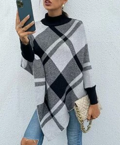 Coupon 🤩 Romantichut Black Plaid Long-Sleeve Turtleneck Poncho - 👩 Women ✔️