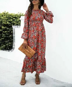 New ๐คฉ Romantichut Red & Gray Floral Bell-Sleeve Tiered-Hem Empire-Waist Maxi ๐ Dress - ๐ฉ Women ๐งจ