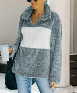 Best deal ⭐ Romantichut Blue & White Color Block Plush Quarter-Zip Pullover - 👩 Women 🧨