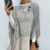 Best reviews of ✔️ Romantichut Gray Color Block Fringe-Trim Button-Accent Turtleneck Poncho - 👩 Women ⌛