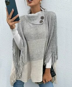 Best reviews of ✔️ Romantichut Gray Color Block Fringe-Trim Button-Accent Turtleneck Poncho - 👩 Women ⌛