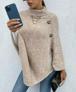 Coupon ⌛ Romantichut Apricot Button-Accent Turtleneck Poncho - 👩 Women 😀 -Romantichut Sales zu98565874 alt 1 tm1629230201