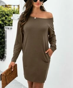 Deals 🥰 Romantichut Army Green Pocket Off-Shoulder 👗 Dress - 👩 Women 😀