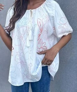 Deals 👏 Romantichut Off-White & Pink Floral Tassel-Tie Notch-Neck Top - 👩 Women 🛒