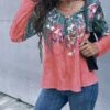 Best deal 🥰 Romantichut Pink & Green Floral Double V-Neck Top - 👩 Women 🔥