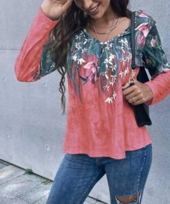 Best deal 🥰 Romantichut Pink & Green Floral Double V-Neck Top - 👩 Women 🔥