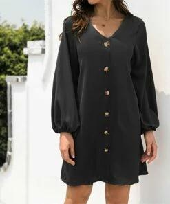 Best deal ❤️ Romantichut Black Bishop-Sleeve Button-Front Shift 👗 Dress - 👩 Women 🤩