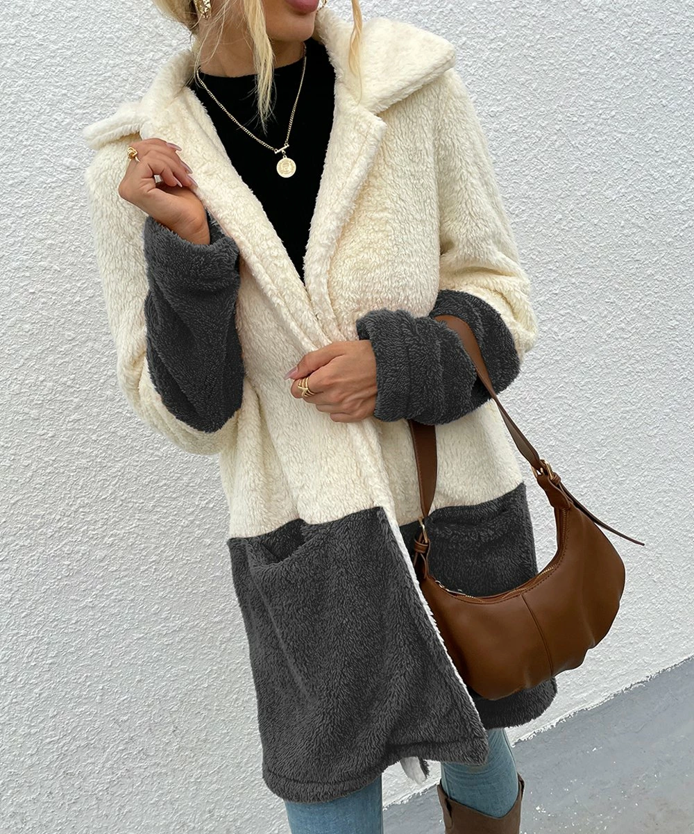 Flash Sale ✔️ Romantichut Dark Gray & Cream Color Block Pocket Open Teddy 🧥 Coat - 👩 Women 🌟 4 Flash Sale ✔️ Romantichut Dark Gray & Cream Color Block Pocket Open Teddy 🧥 Coat - 👩 Women 🌟 - Image 2