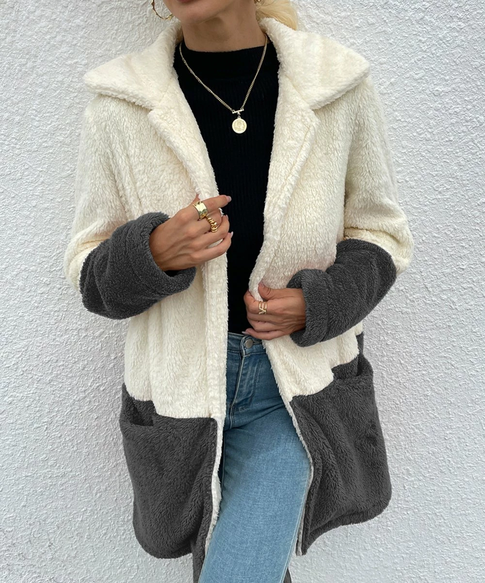 Flash Sale ✔️ Romantichut Dark Gray & Cream Color Block Pocket Open Teddy 🧥 Coat - 👩 Women 🌟 5 Flash Sale ✔️ Romantichut Dark Gray & Cream Color Block Pocket Open Teddy 🧥 Coat - 👩 Women 🌟 - Image 3