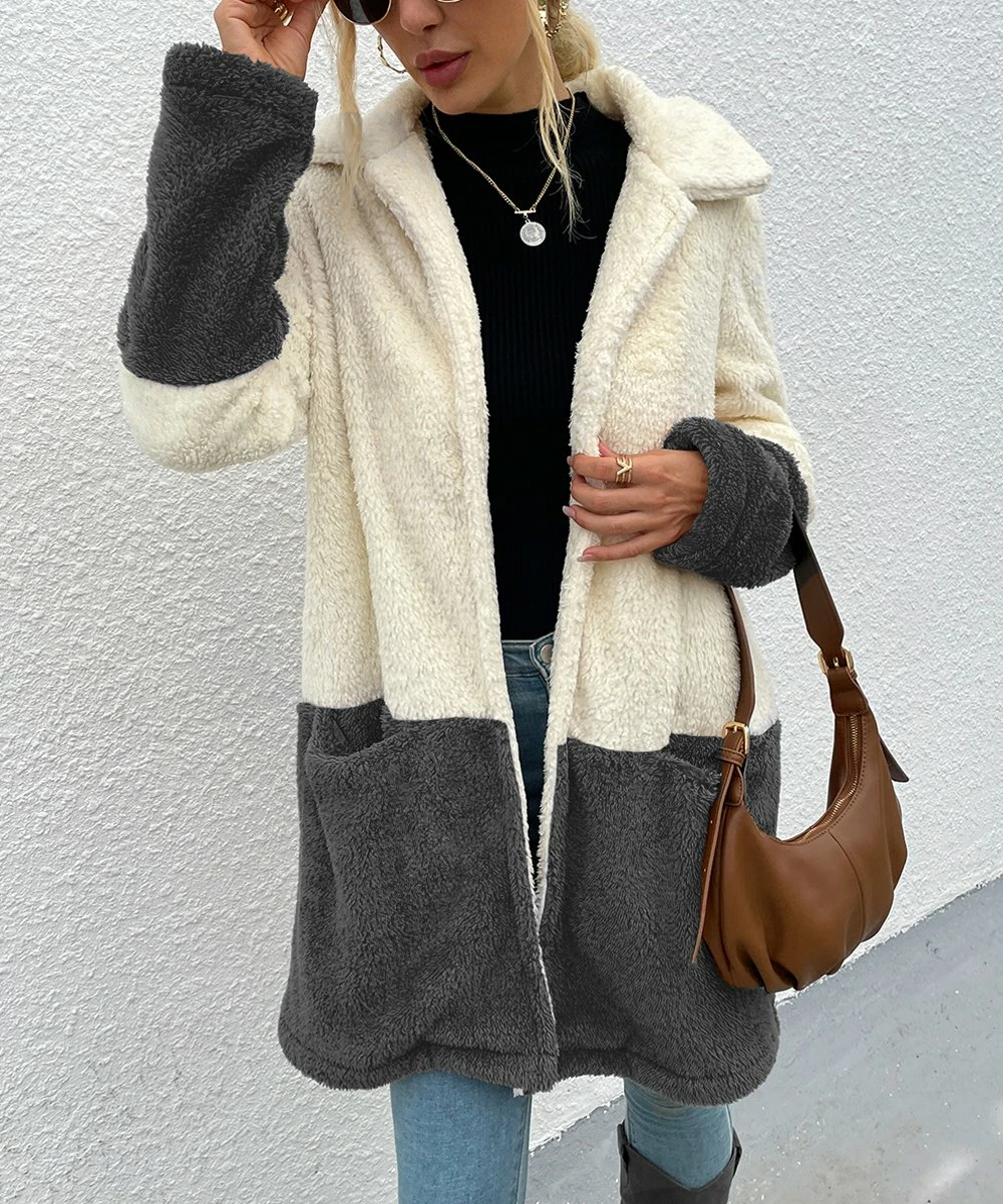 Flash Sale ✔️ Romantichut Dark Gray & Cream Color Block Pocket Open Teddy 🧥 Coat - 👩 Women 🌟 6 Flash Sale ✔️ Romantichut Dark Gray & Cream Color Block Pocket Open Teddy 🧥 Coat - 👩 Women 🌟 - Image 4