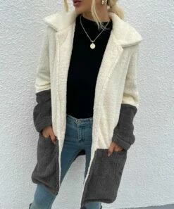 Flash Sale ✔️ Romantichut Dark Gray & Cream Color Block Pocket Open Teddy 🧥 Coat - 👩 Women 🌟