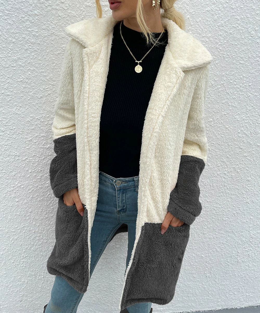 Flash Sale ✔️ Romantichut Dark Gray & Cream Color Block Pocket Open Teddy 🧥 Coat - 👩 Women 🌟 3 Flash Sale ✔️ Romantichut Dark Gray & Cream Color Block Pocket Open Teddy 🧥 Coat - 👩 Women 🌟
