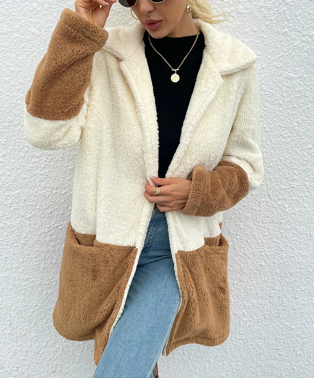 Best deal 👏 Romantichut Light Brown & Cream Color Block Pocket Open Teddy 🧥 Coat - 👩 Women 🌟 4 Best deal 👏 Romantichut Light Brown & Cream Color Block Pocket Open Teddy 🧥 Coat - 👩 Women 🌟 - Image 2