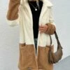 Best deal 👏 Romantichut Light Brown & Cream Color Block Pocket Open Teddy 🧥 Coat - 👩 Women 🌟 -Romantichut Sales zu98732835 main tm1629985985