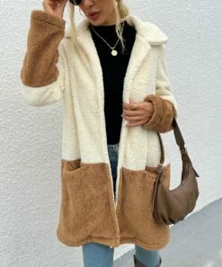 Best deal 👏 Romantichut Light Brown & Cream Color Block Pocket Open Teddy 🧥 Coat - 👩 Women 🌟